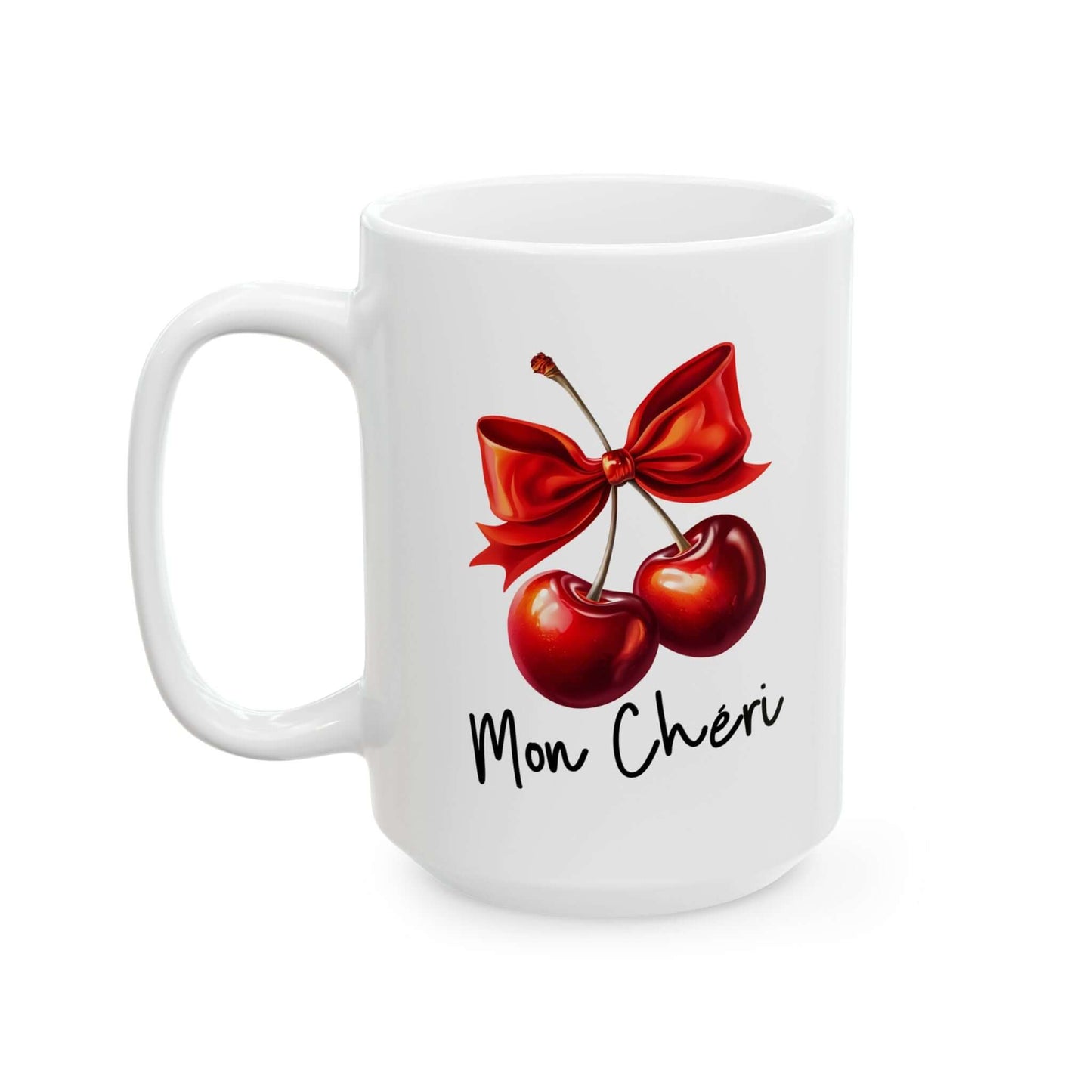 white ceramic mug, featuring two red cherries with a red bow and the text ‘Mon Chéri