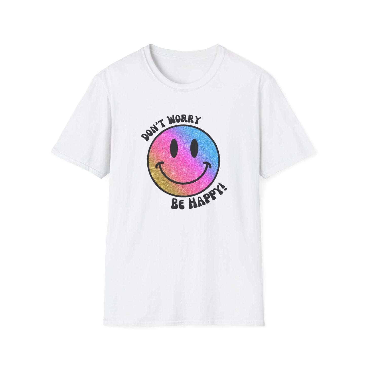 Don’t Worry, Be Happy! Rainbow Glitter Smiley Face Unisex Softstyle T-Shirt