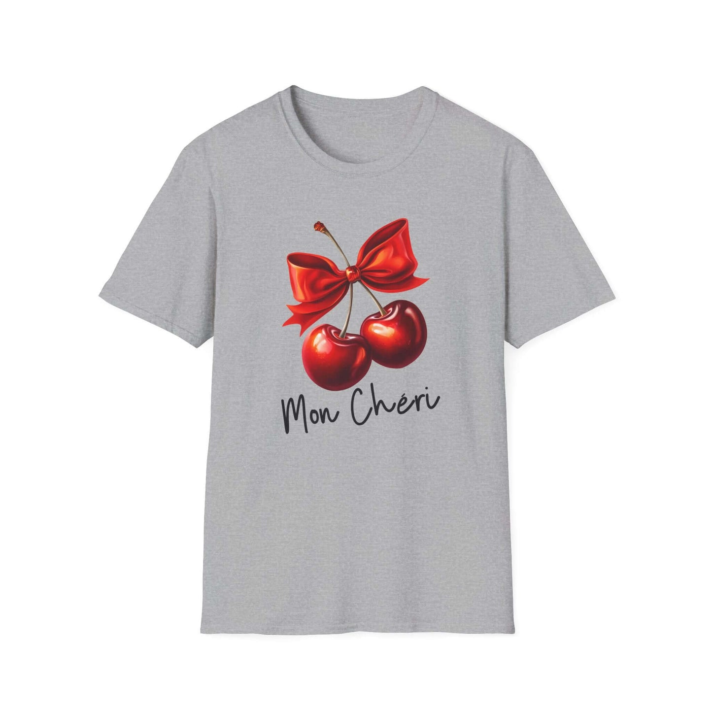 Gray unisex t-shirt featuring a stylish ‘Mon Chéri’ design with two vibrant red cherries tied with a bow and elegant text.