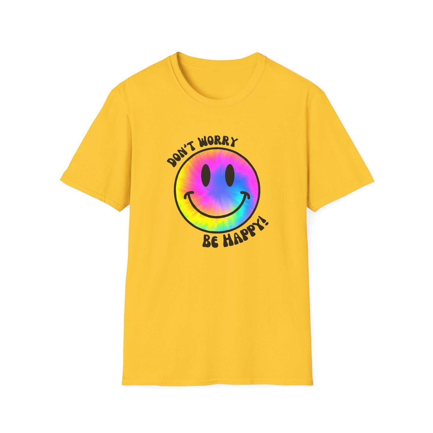 Don’t Worry, Be Happy! Rainbow Tie-Dye Smiley Face Unisex Softstyle T-Shirt