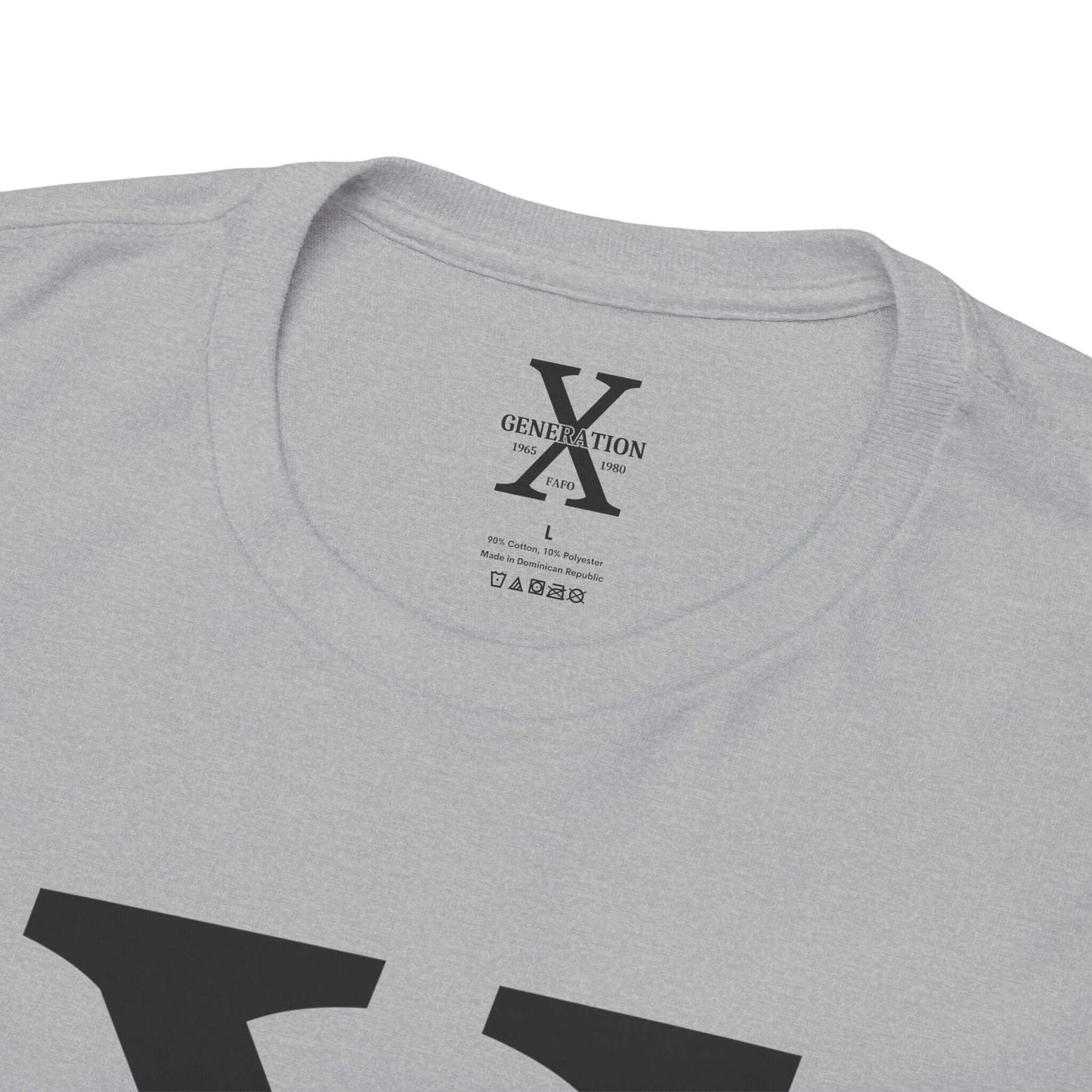 A grey t-shirt with a large white “X” on the front, representing Generation X. The inside collar features a custom neck label with the same “Generation X” design, size details, and care instructions.