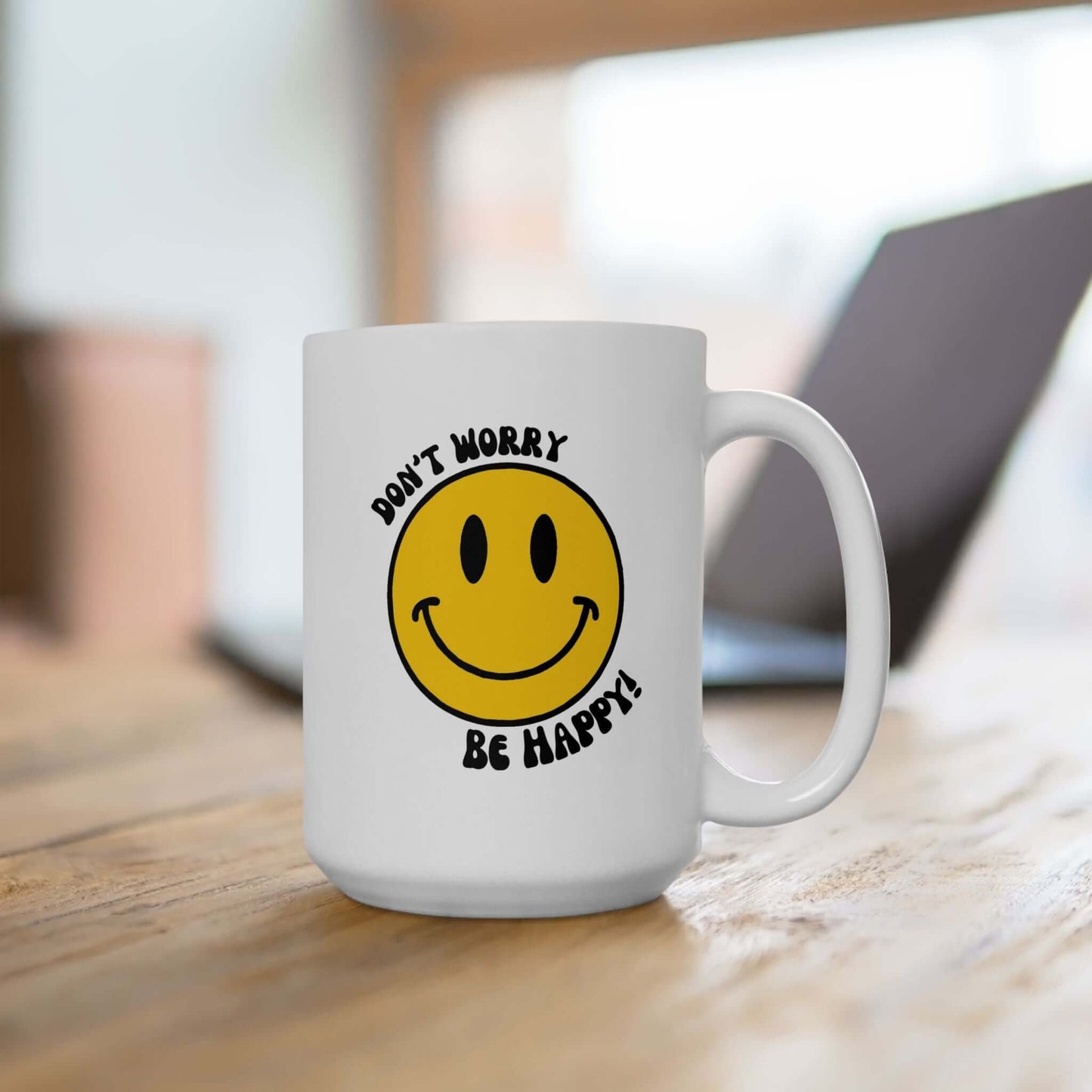 Don’t Worry, Be Happy! Smiley Face Ceramic Coffee Mug, (11oz, 15oz)