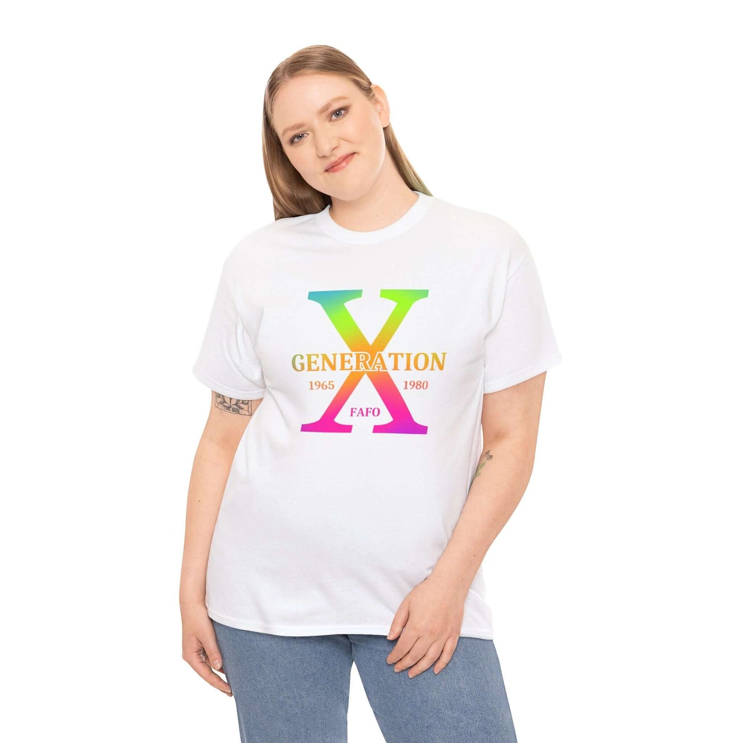 A woman with a smiling expression wears a white t-shirt featuring a bold rainbow gradient “GENERATION X” design with “FAFO” underneath. The design is centered on the chest, embracing Gen X pride with a clean and minimalistic look.