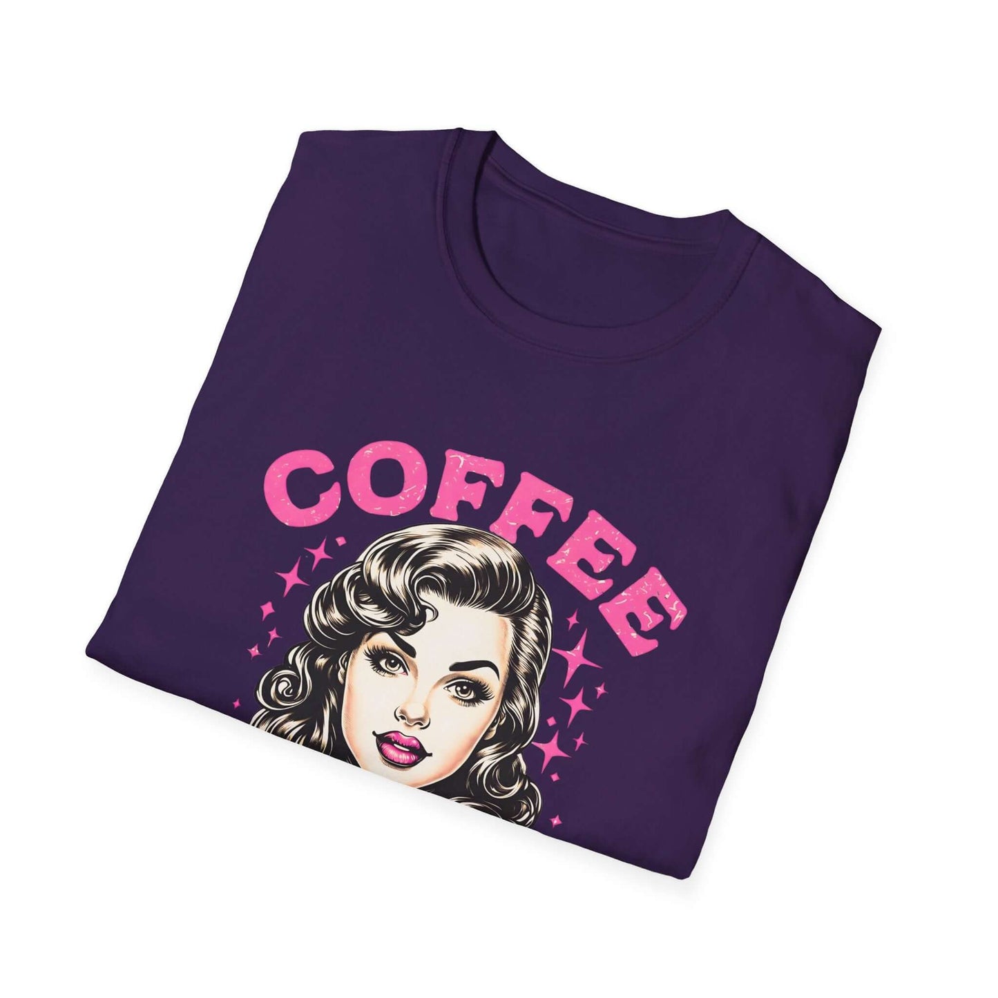 Folded purple unisex t-shirt featuring a retro ‘Coffee - Because Murder Is Wrong’ design in pink, with a vintage-style woman holding a coffee cup illustration.
