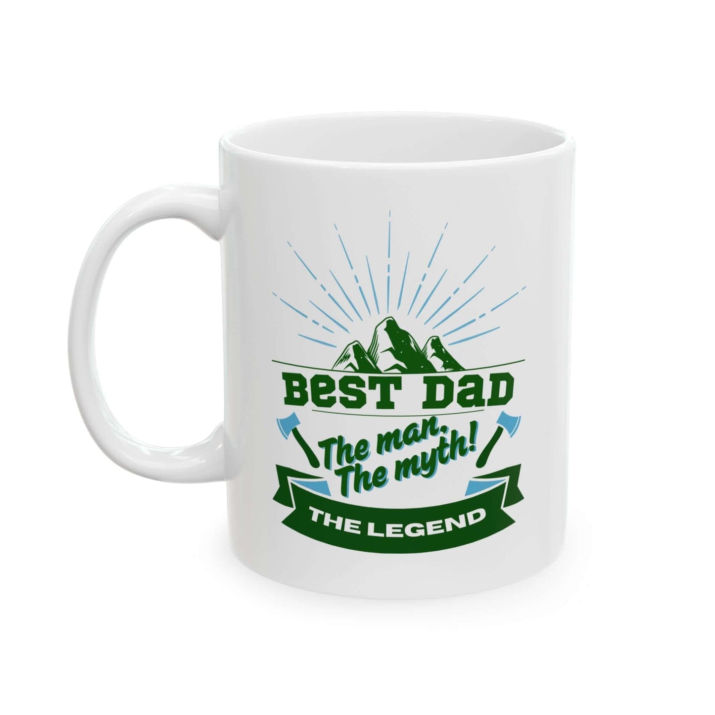 White ceramic mug featuring a graphic design with green and blue text and decorative accents.