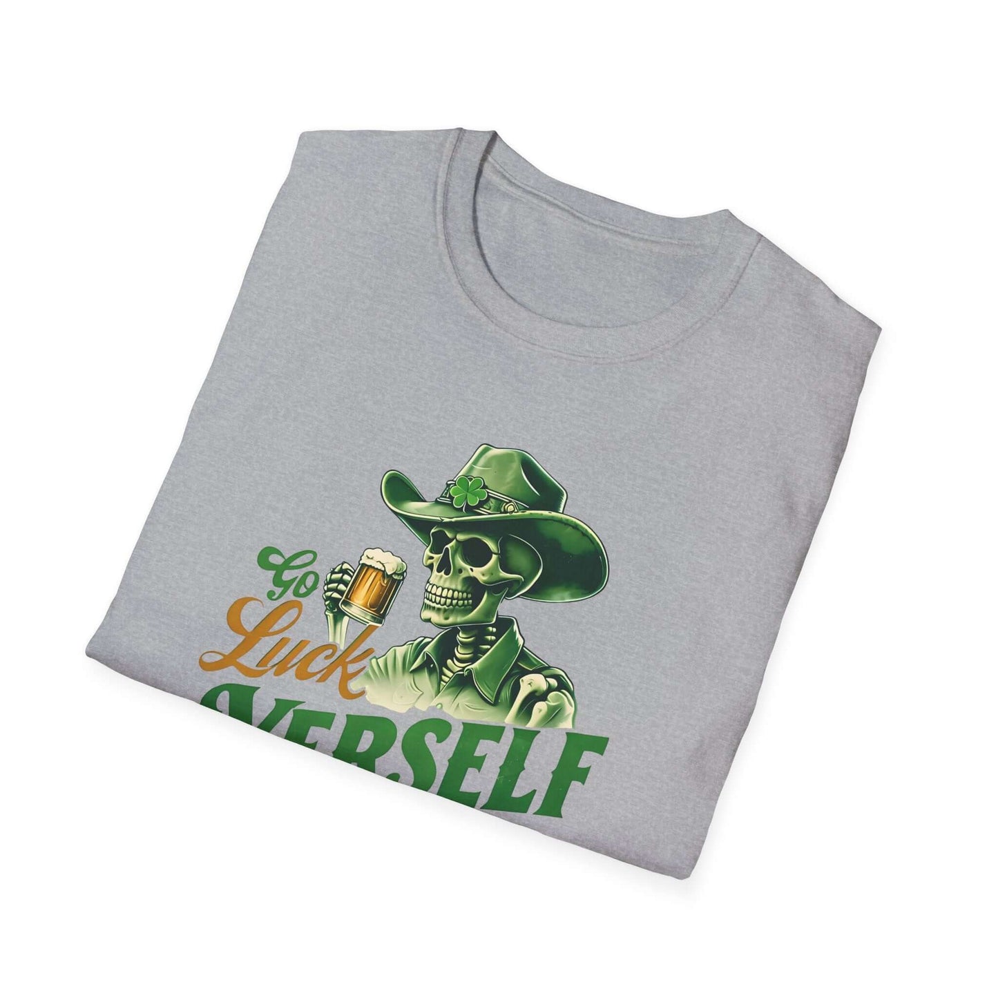Go Luck Yerself Unisex Softstyle T-Shirt | St. Patrick’s Day Skeleton Cowboy Tee