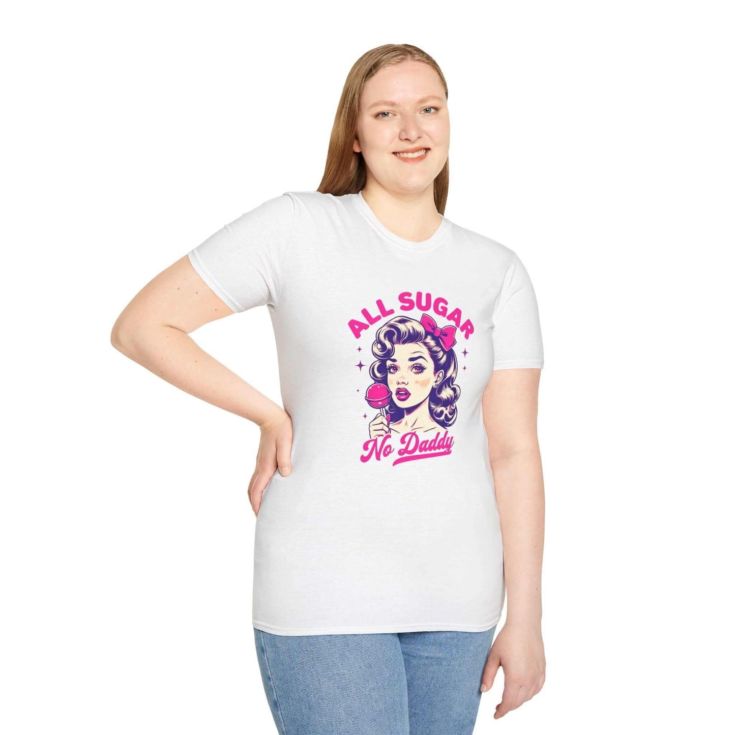 Smiling woman wearing a white unisex t-shirt featuring the bold ‘All Sugar, No Daddy’ retro-inspired design with vibrant colors.