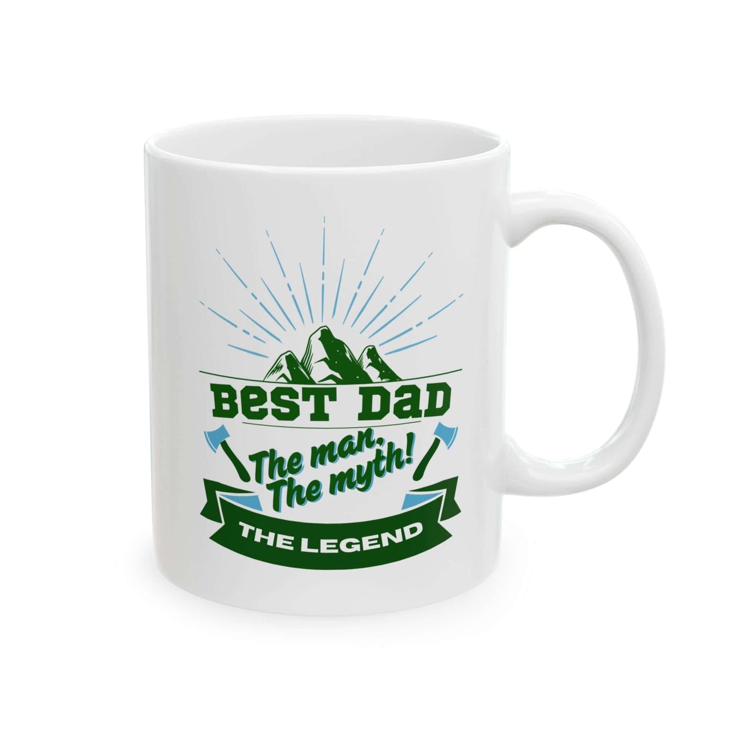White ceramic mug featuring a graphic design with green and blue text and decorative accents.