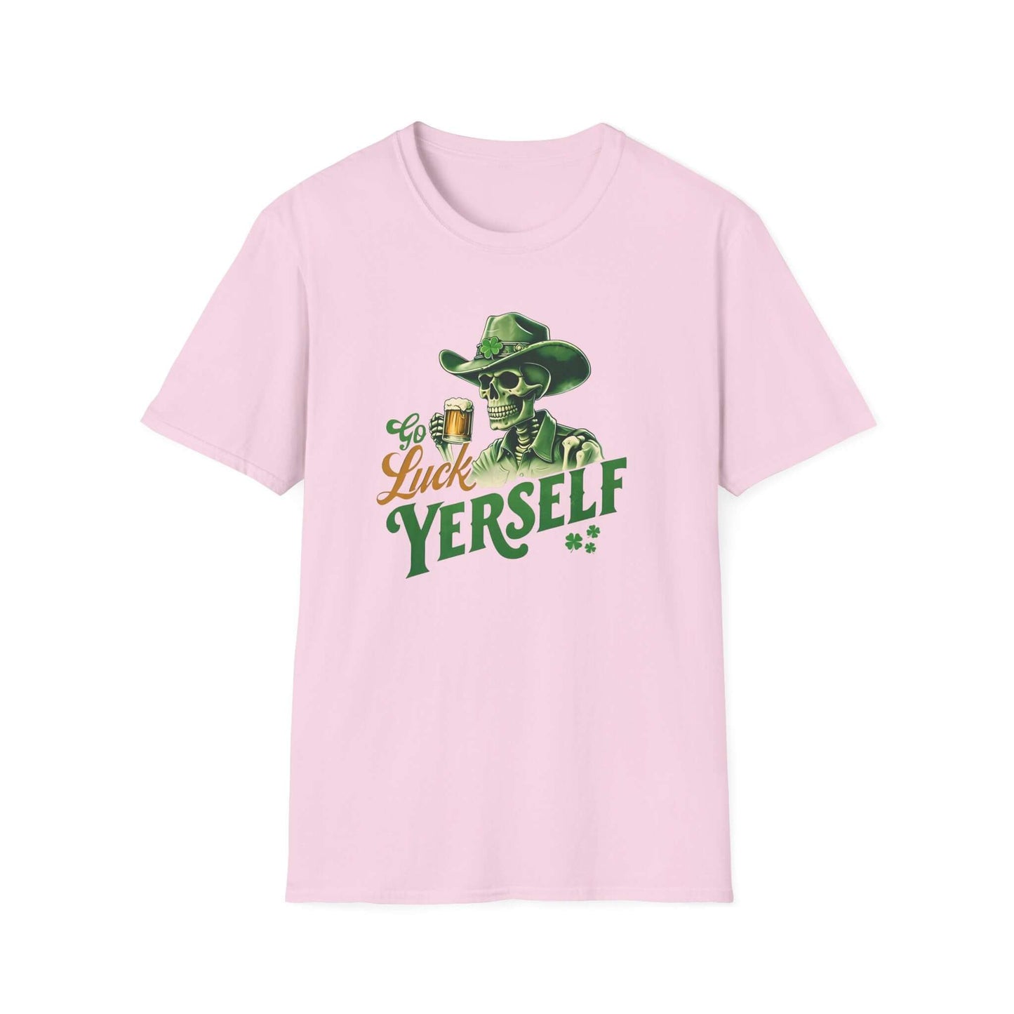 Go Luck Yerself Unisex Softstyle T-Shirt | St. Patrick’s Day Skeleton Cowboy Tee