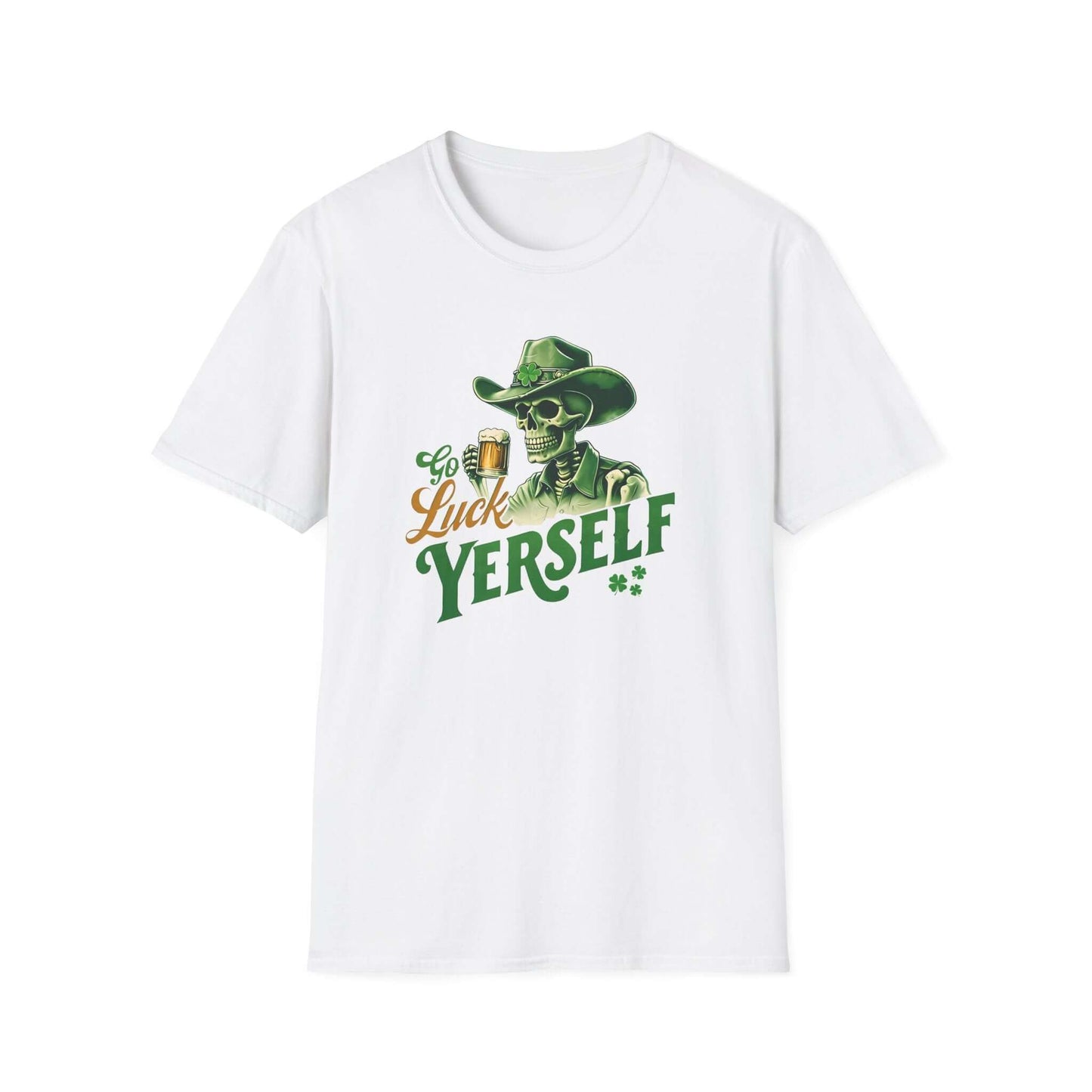 Go Luck Yerself Unisex Softstyle T-Shirt | St. Patrick’s Day Skeleton Cowboy Tee