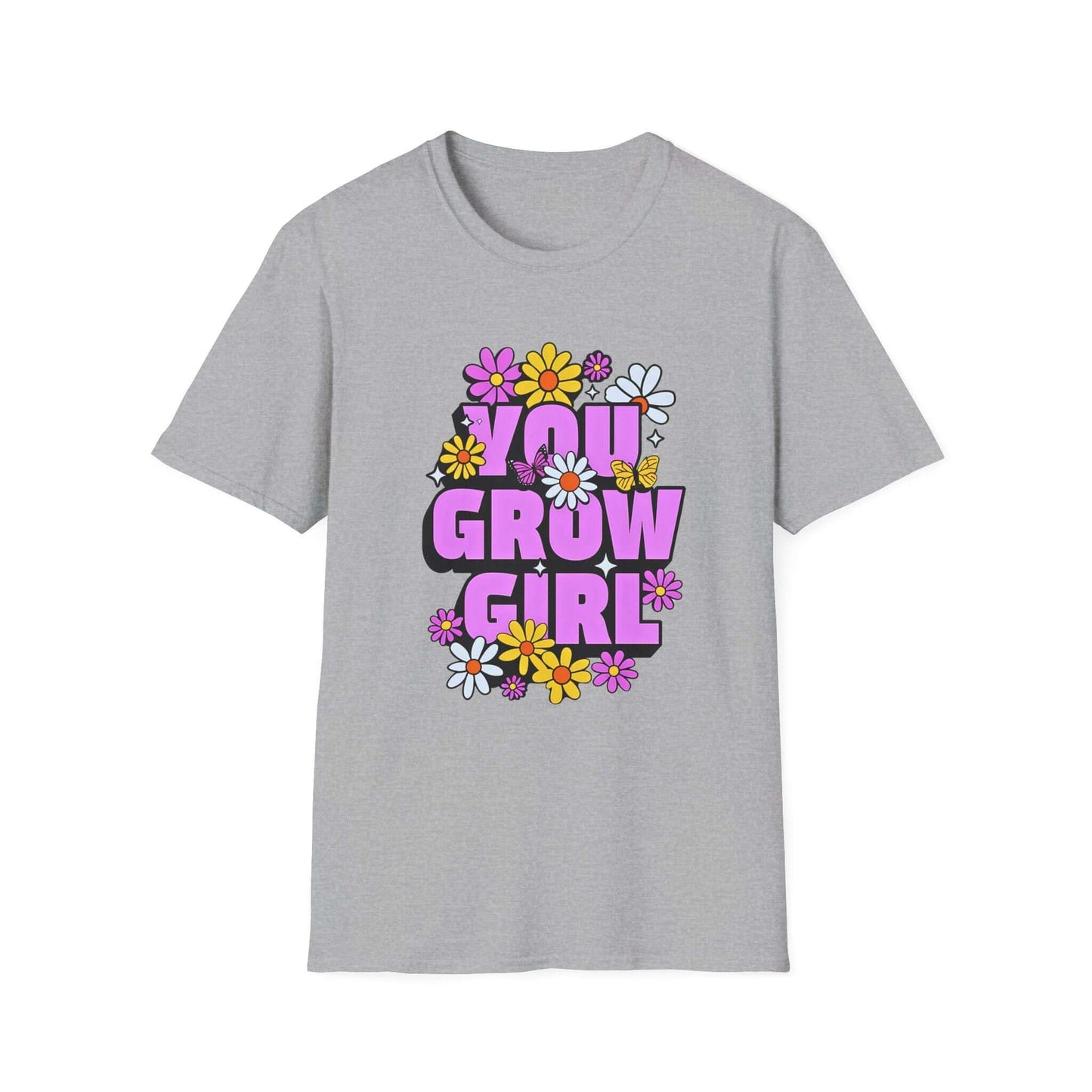 Gray t-shirt displaying the phrase ‘YOU GROW GIRL’ in bold purple letters surrounded by colorful flowers.
