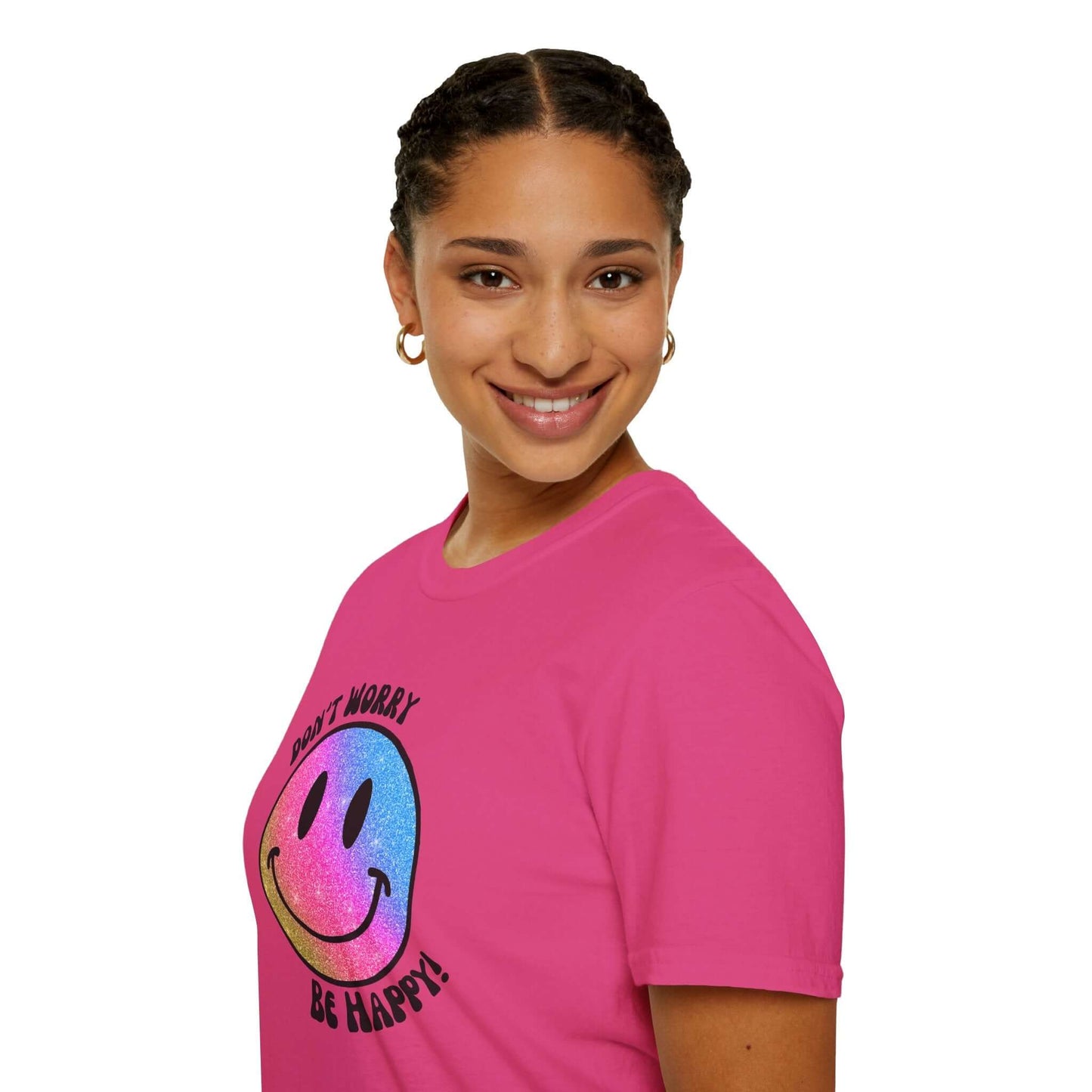 Don’t Worry, Be Happy! Rainbow Glitter Smiley Face Unisex Softstyle T-Shirt