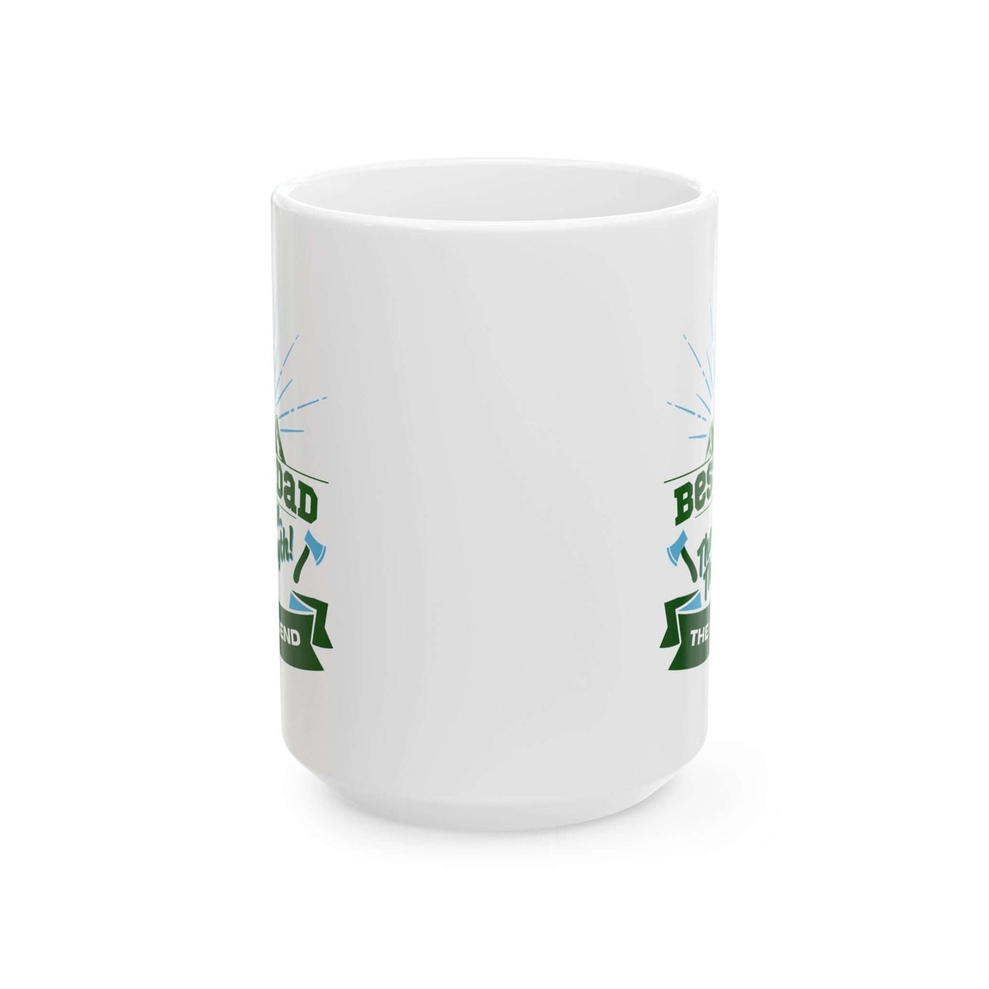 White ceramic mug featuring a graphic design with green and blue text and decorative accents.