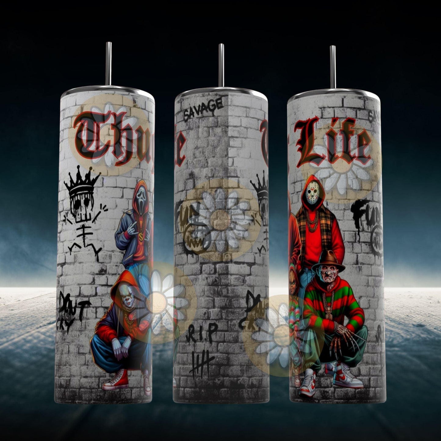 20oz Skinny Tumbler Wrap | Thug Life Horror Movie Sublimation PNG - Crafty Harvest Designs