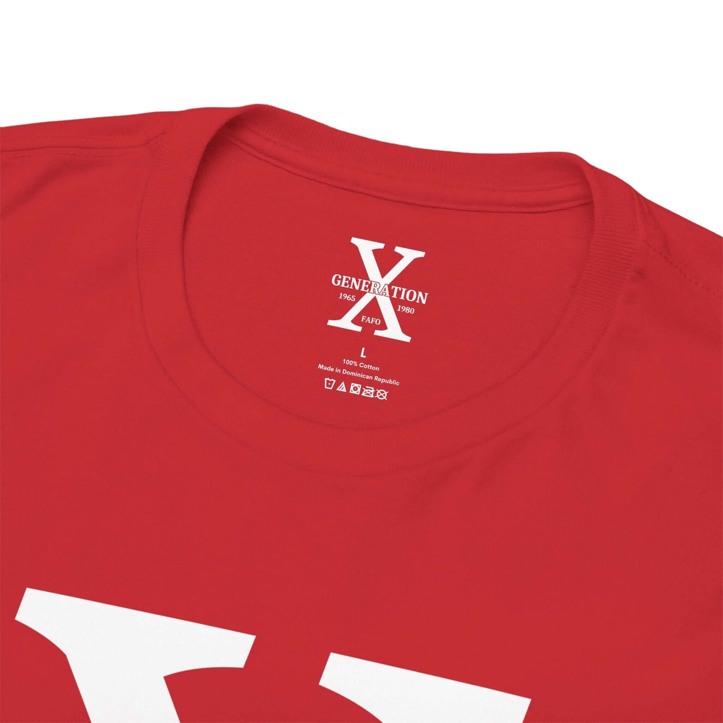 A red t-shirt with a large white “X” on the front, representing Generation X. The inside collar features a printed label with the same “Generation X” design, size details, and care instructions.