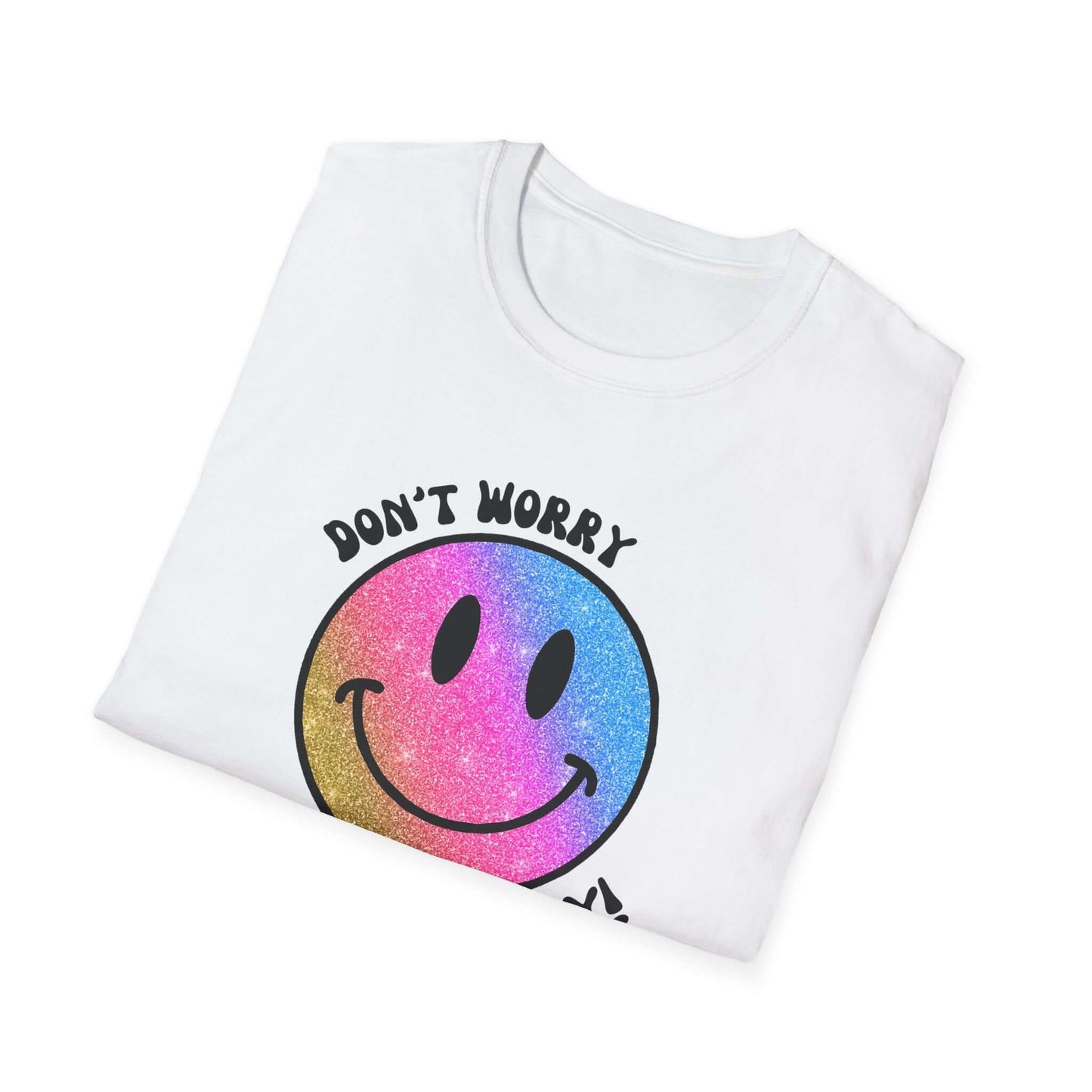 Don’t Worry, Be Happy! Rainbow Glitter Smiley Face Unisex Softstyle T-Shirt