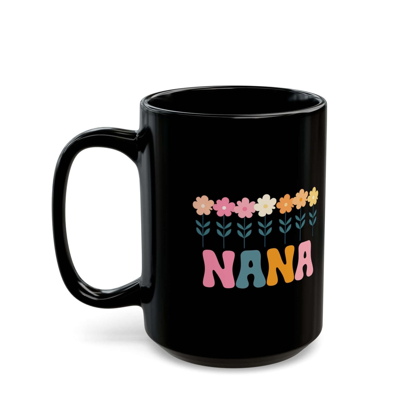 Floral Nana Black Ceramic Mug (11oz, 15oz) | Retro Nana Coffee Cup