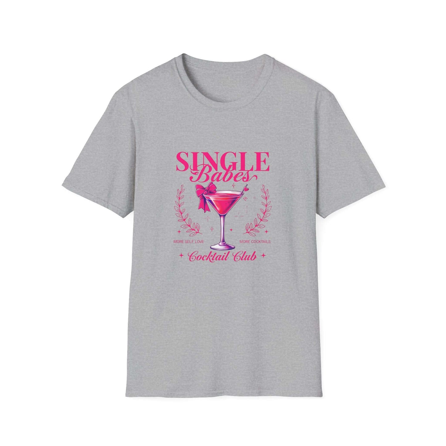 Gray t-shirt featuring the ‘Single Babes Cocktail Club’ design with a pink cocktail glass, floral accents, and elegant script text.