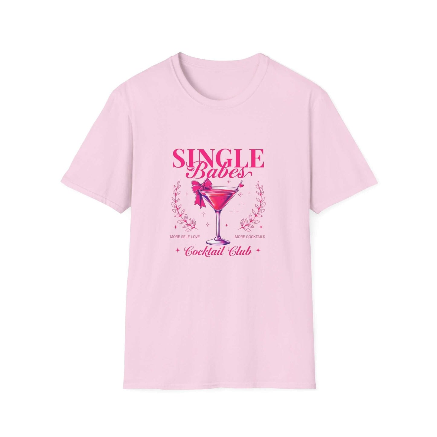 Light pink t-shirt featuring the ‘Single Babes Cocktail Club’ design with a pink cocktail glass, floral accents, and elegant script text.