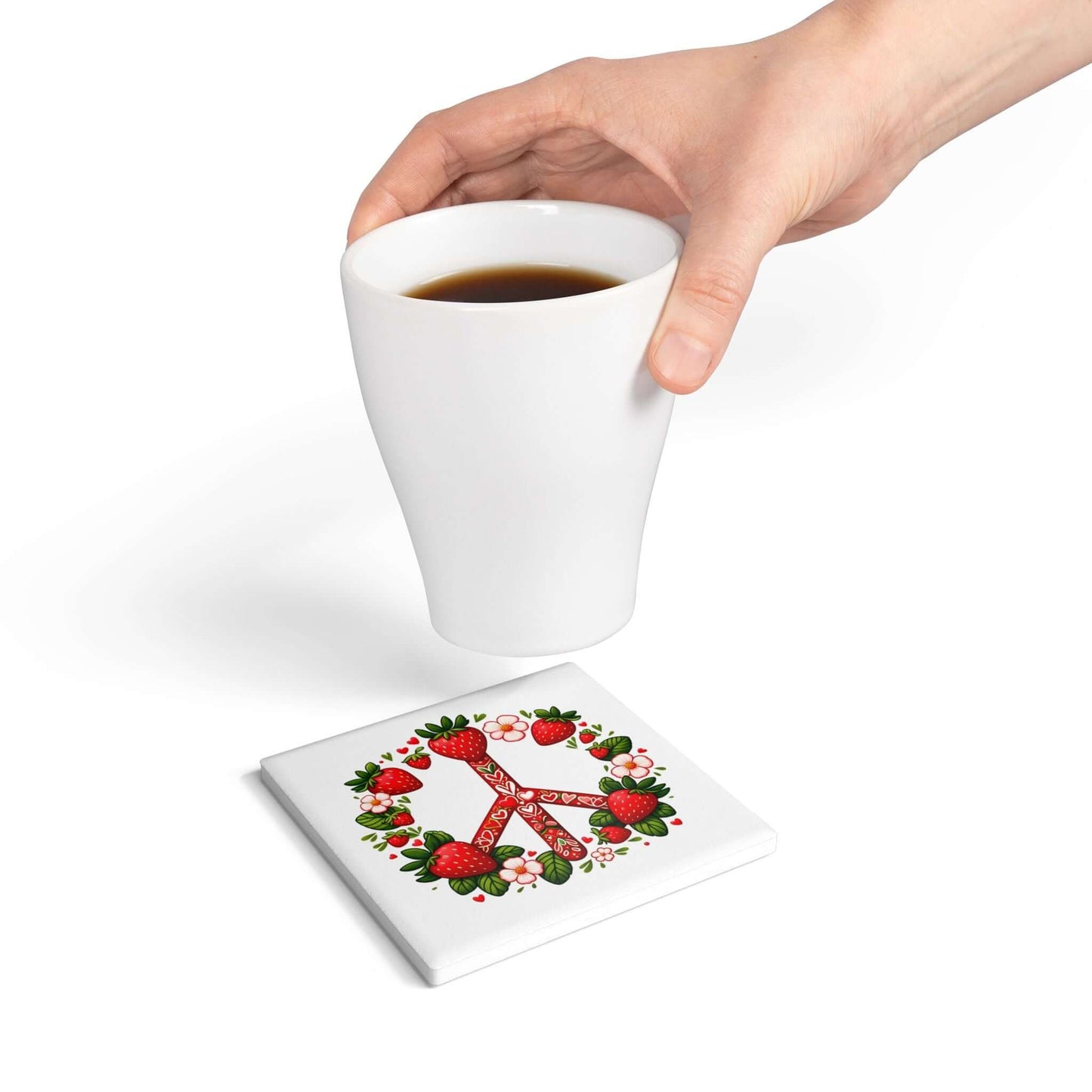 Peace Love Strawberries Ceramic Coaster | Round & Square Options