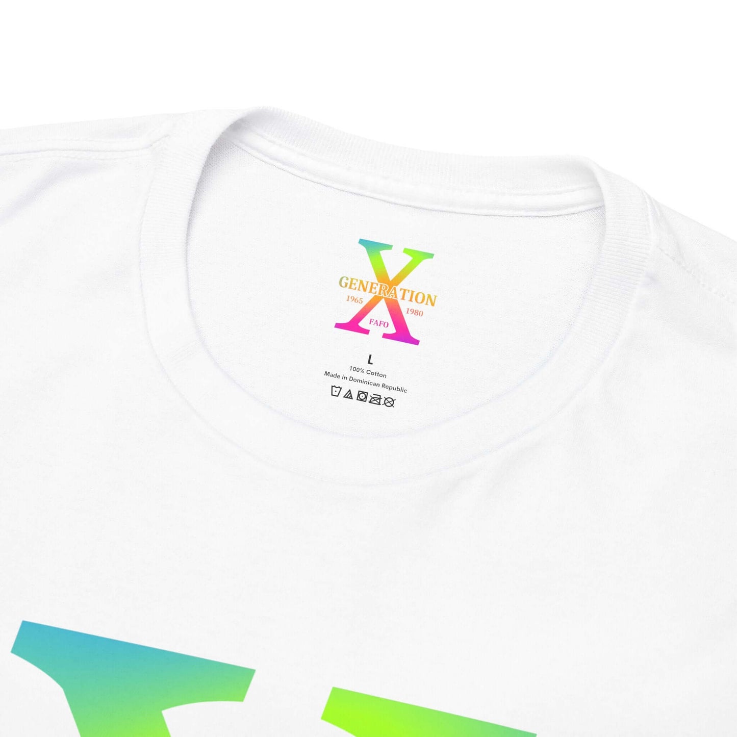 A white t-shirt with a large rainbow gradient “X” on the front, representing Generation X. The inside collar features a printed label with the same “Generation X” design, size details, and care instructions.