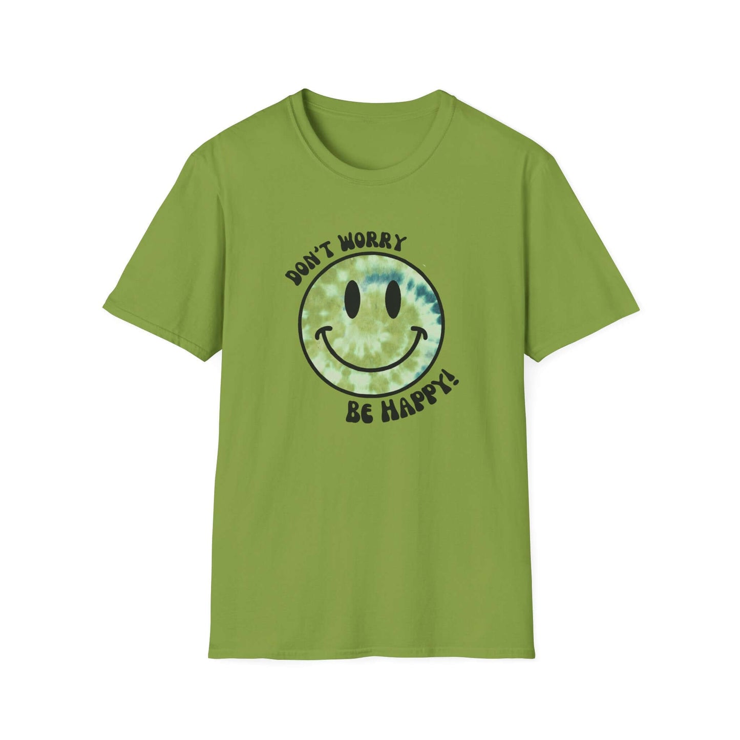 Don’t Worry, Be Happy! Green Tie-Dye Smiley Face Unisex Softstyle T-Shirt