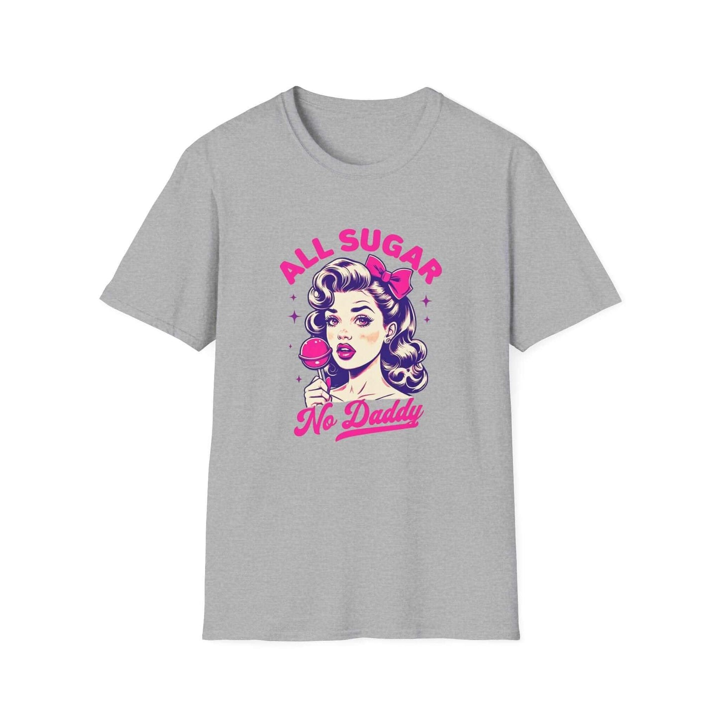 Gray unisex t-shirt featuring the bold ‘All Sugar, No Daddy’ retro-inspired design with vibrant colors.