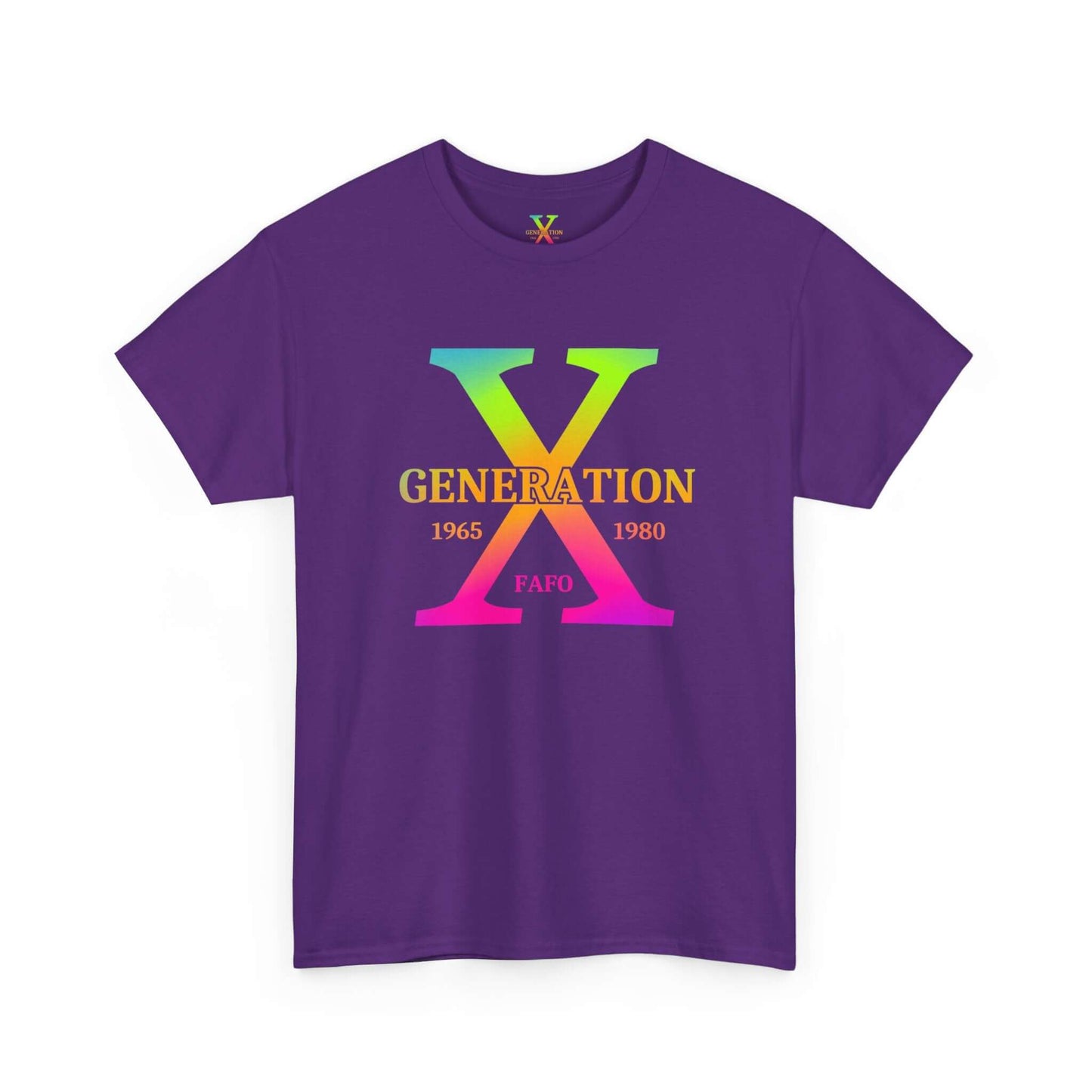 A purple t-shirt with a large rainbow gradient “X” on the front, representing Generation X. The inside collar features a printed label with the same “Generation X” design, size details, and care instructions.