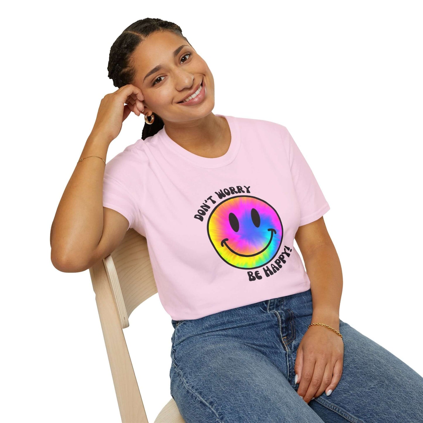 Don’t Worry, Be Happy! Rainbow Tie-Dye Smiley Face Unisex Softstyle T-Shirt