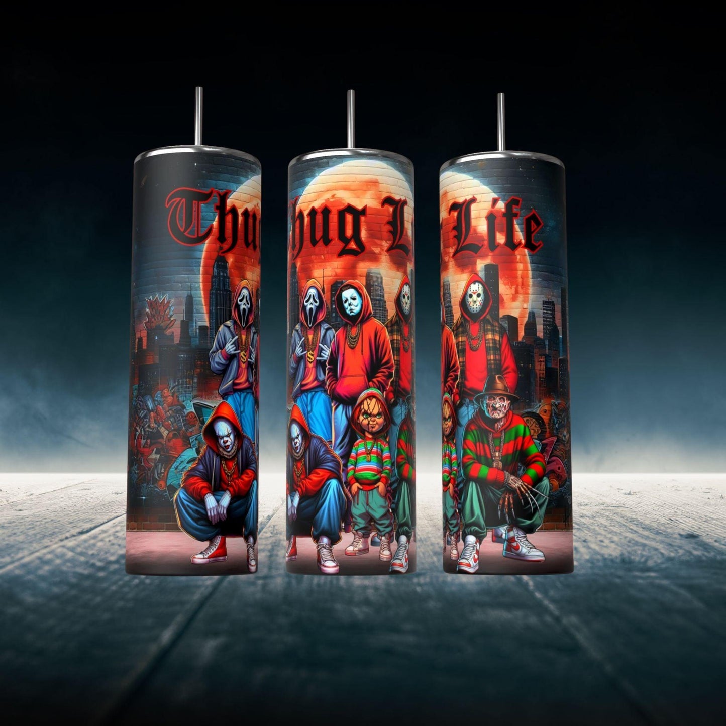 20oz Skinny Tumbler Wrap | Thug Life Horror Movie Sublimation PNG - Crafty Harvest Designs
