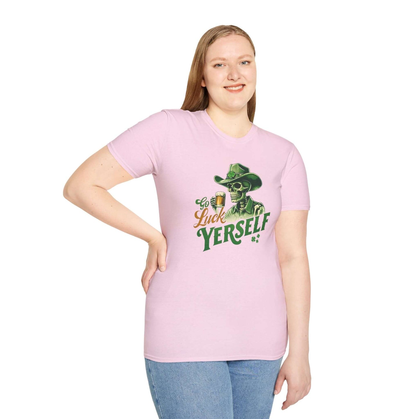 Go Luck Yerself Unisex Softstyle T-Shirt | St. Patrick’s Day Skeleton Cowboy Tee