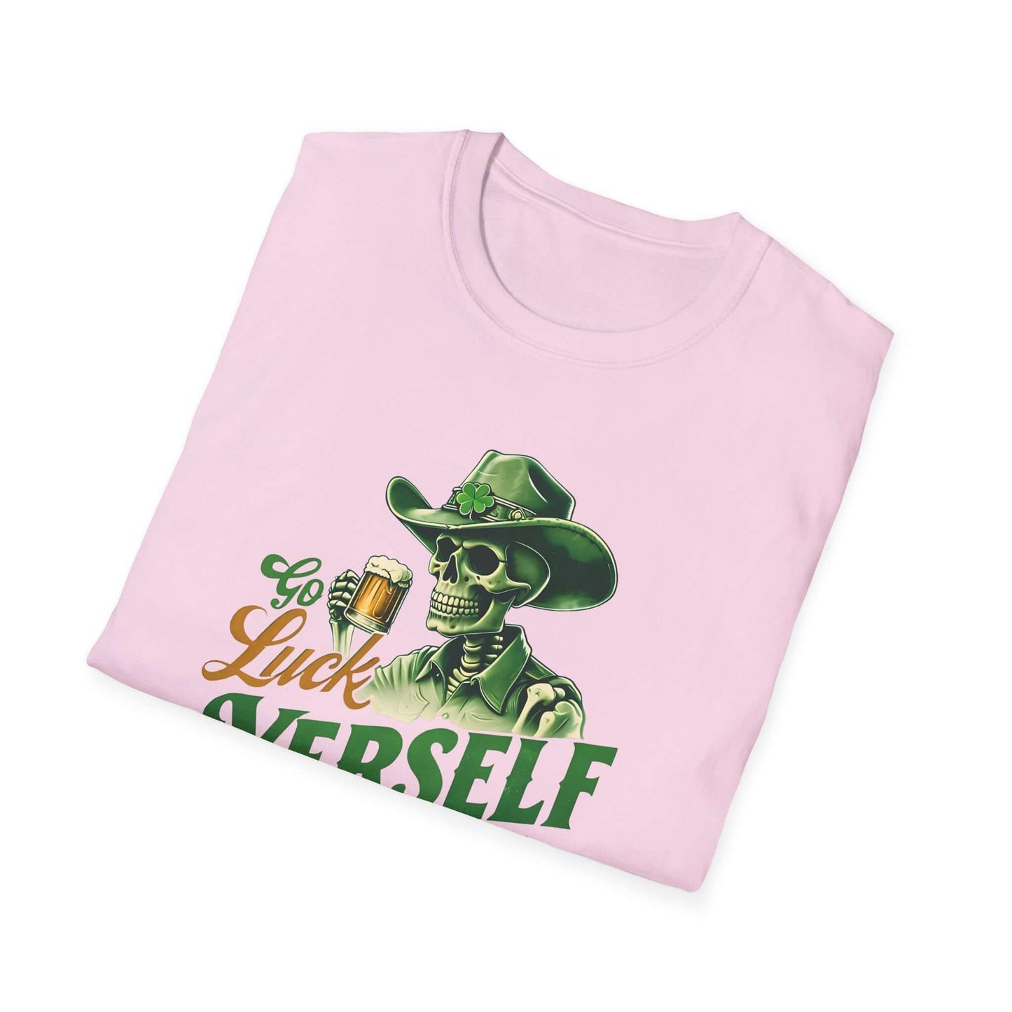 Go Luck Yerself Unisex Softstyle T-Shirt | St. Patrick’s Day Skeleton Cowboy Tee