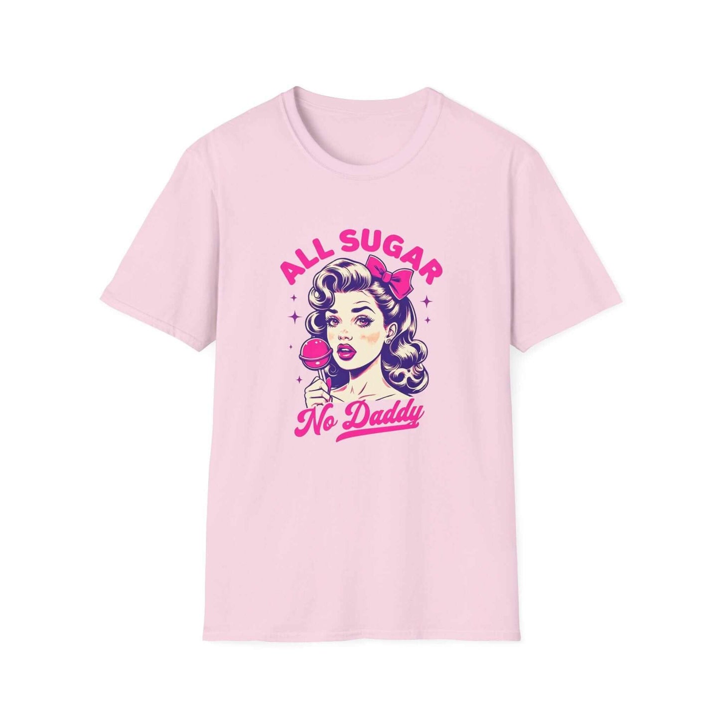 Light pink unisex t-shirt featuring the bold ‘All Sugar, No Daddy’ retro-inspired design with vibrant colors.