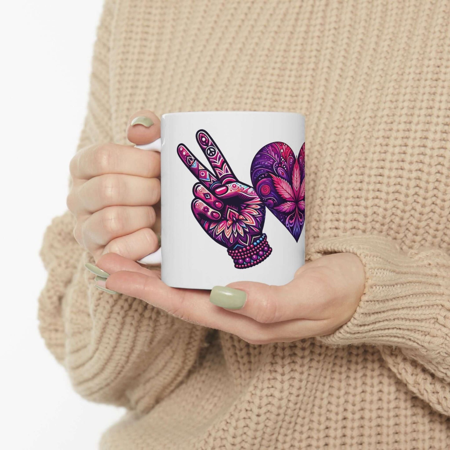 Peace, Love, and Coffee Ceramic Mug, (11oz, 15oz) | Boho-Inspired Ceramic Mug