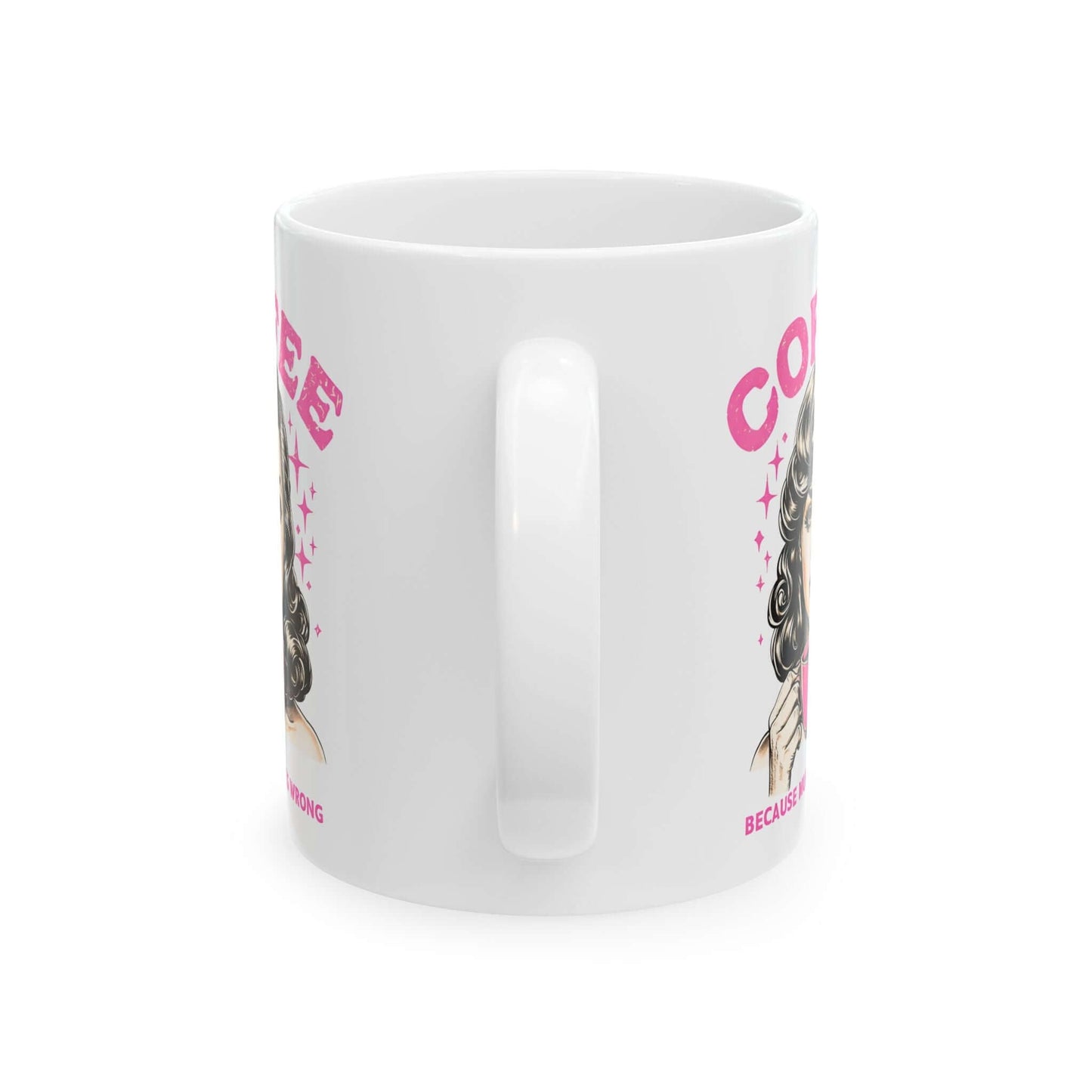 Handle view of a white ceramic mug featuring a retro design with ‘Coffee - Because Murder Is Wrong’ text in pink and an illustrated vintage