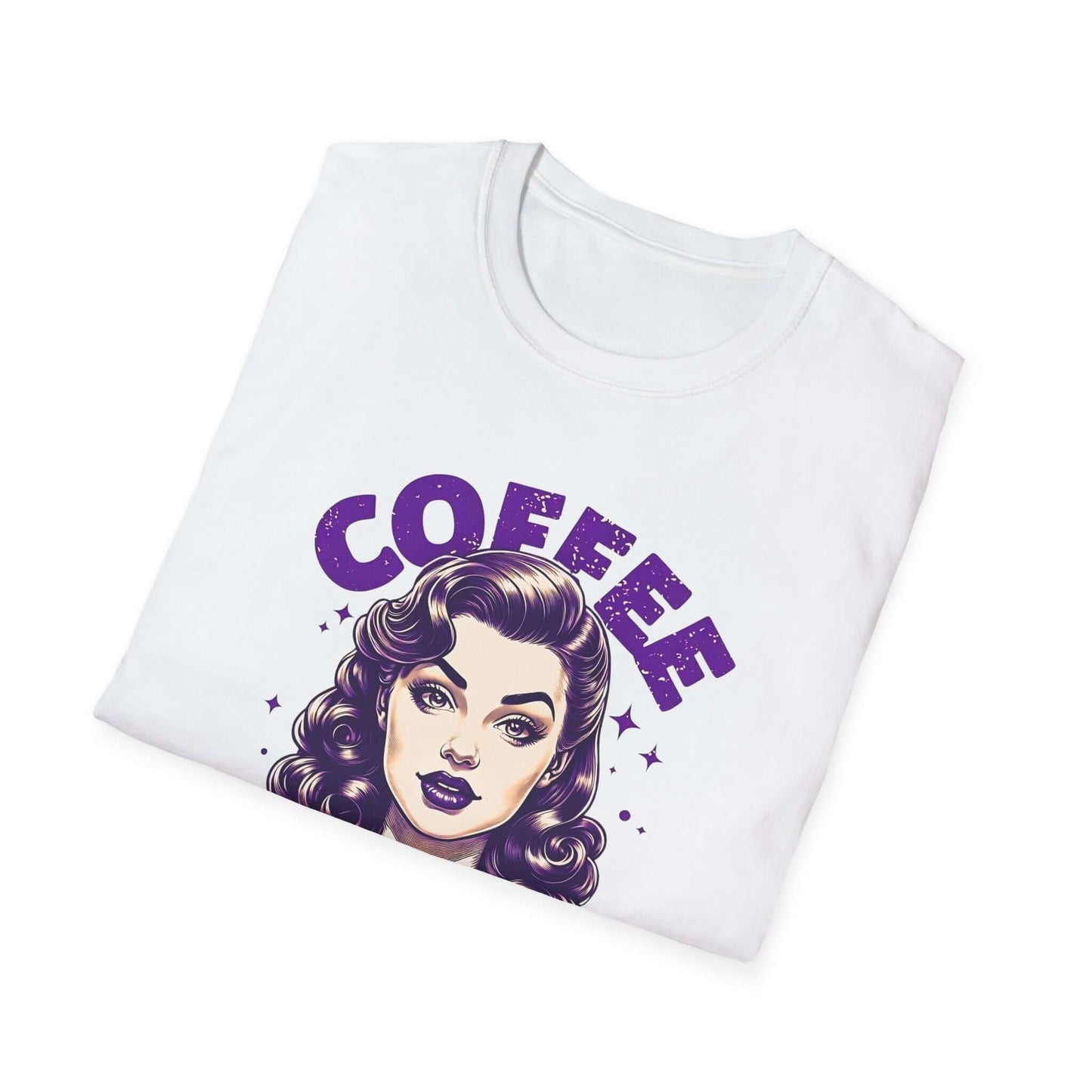 Folded white unisex t-shirt with a retro ‘Coffee - Because Murder Is Wrong’ design in purple, featuring a vintage-style woman holding a coffee cup.