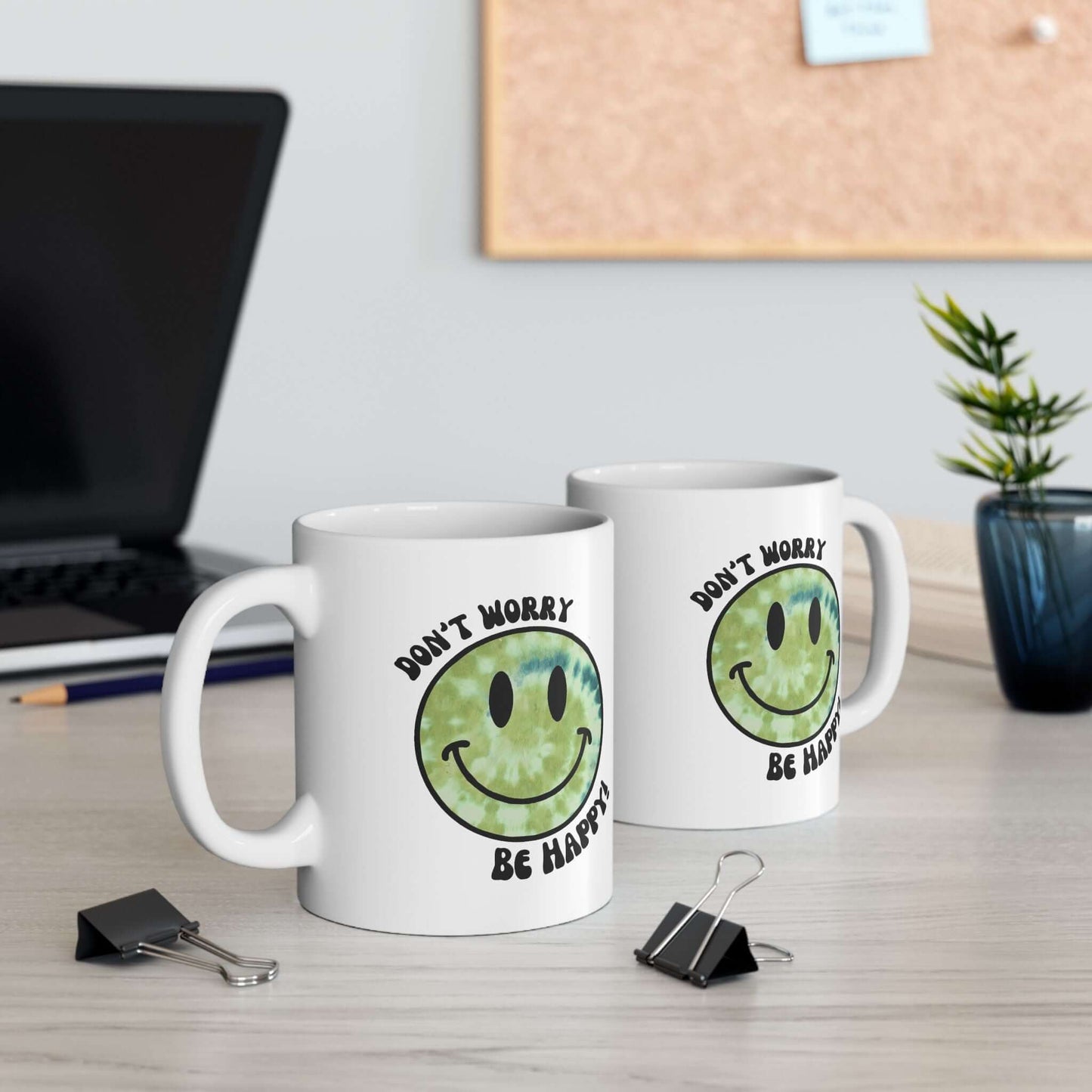 Don’t Worry, Be Happy! Green Tie-Dye Smiley Face Ceramic Mug, (11oz, 15oz)