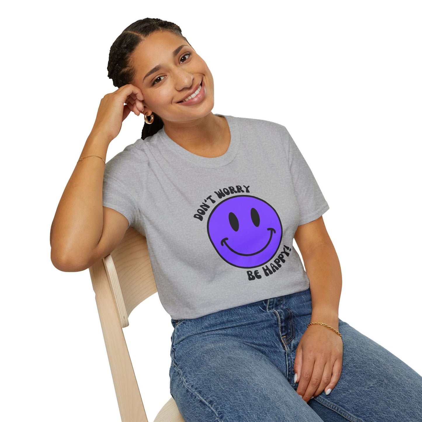 Don’t Worry, Be Happy! Purple Smiley Face Unisex Softstyle T-Shirt