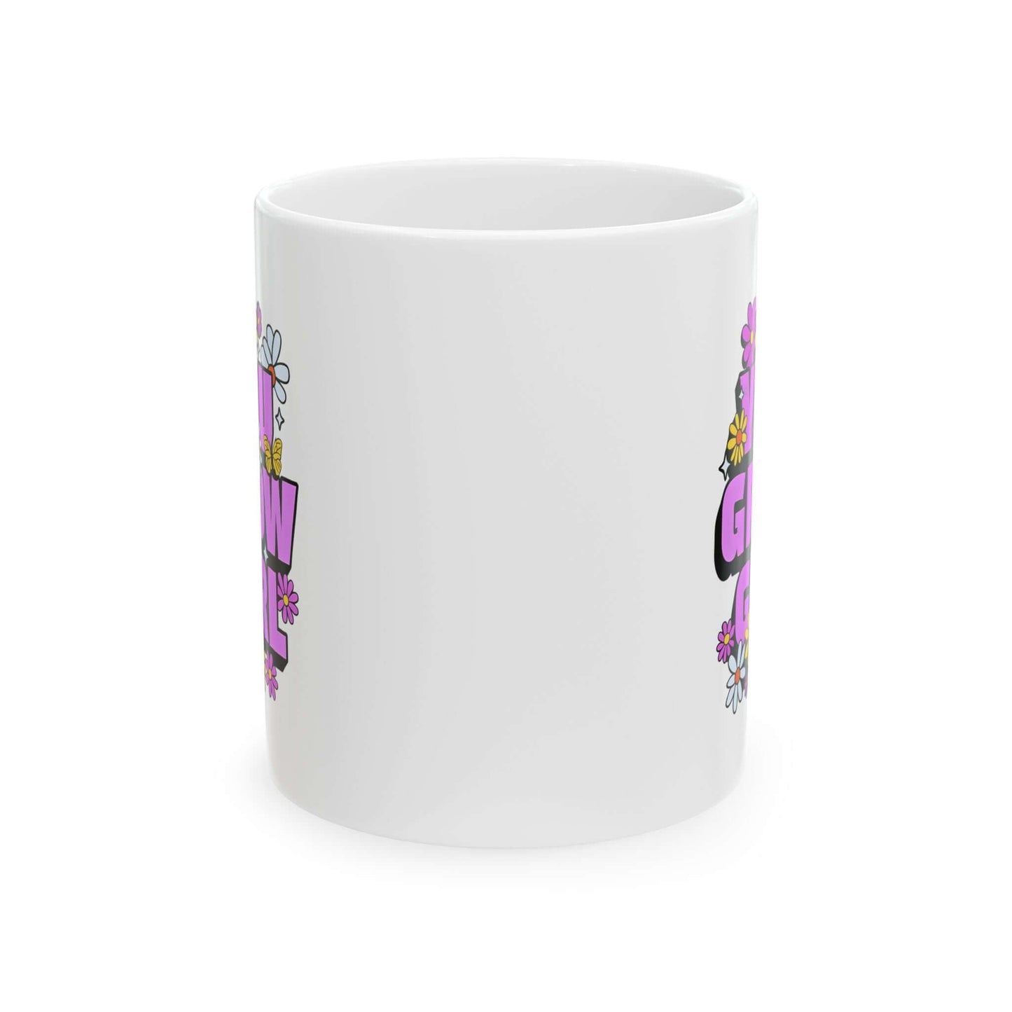 white ceramic mug featuring the text ‘YOU GROW GIRL’ in bold purple letters surrounded by colorful