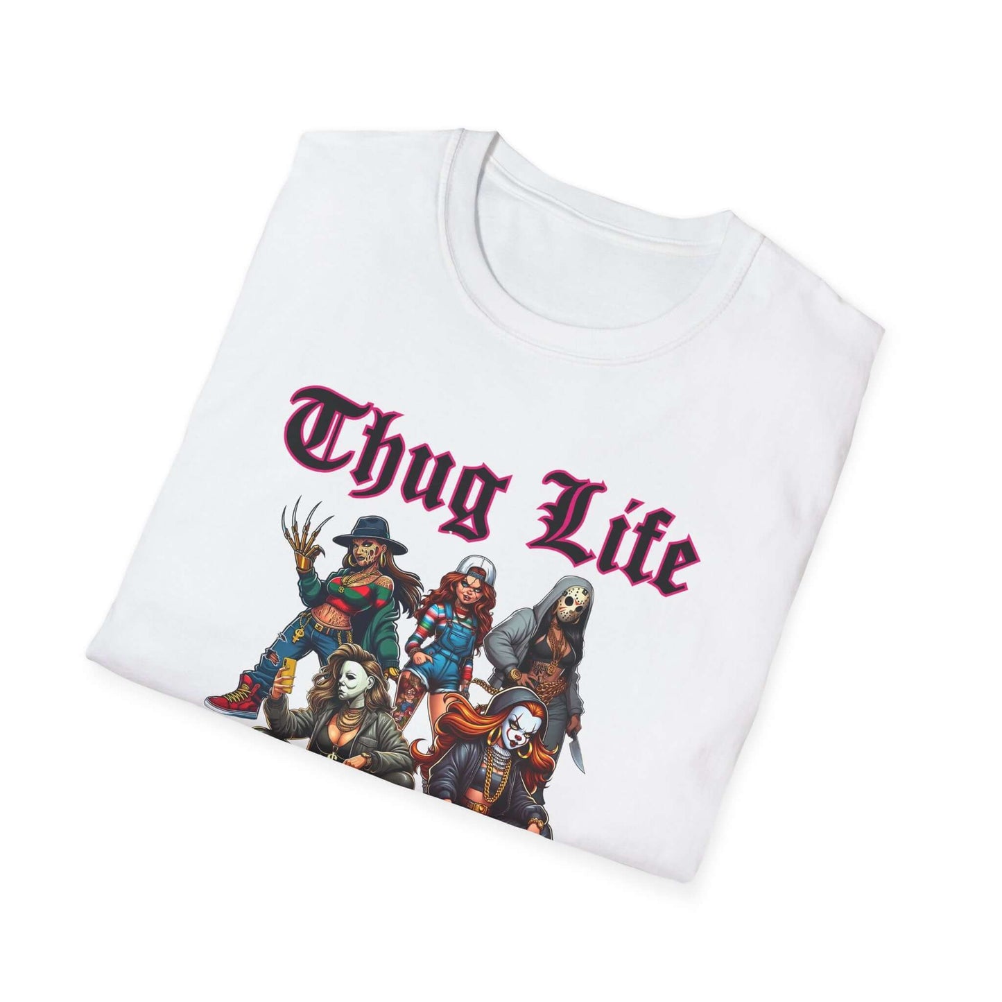 Lady Thug Life Black Font with Pink Outline Horror Character Unisex Softstyle T-Shirt