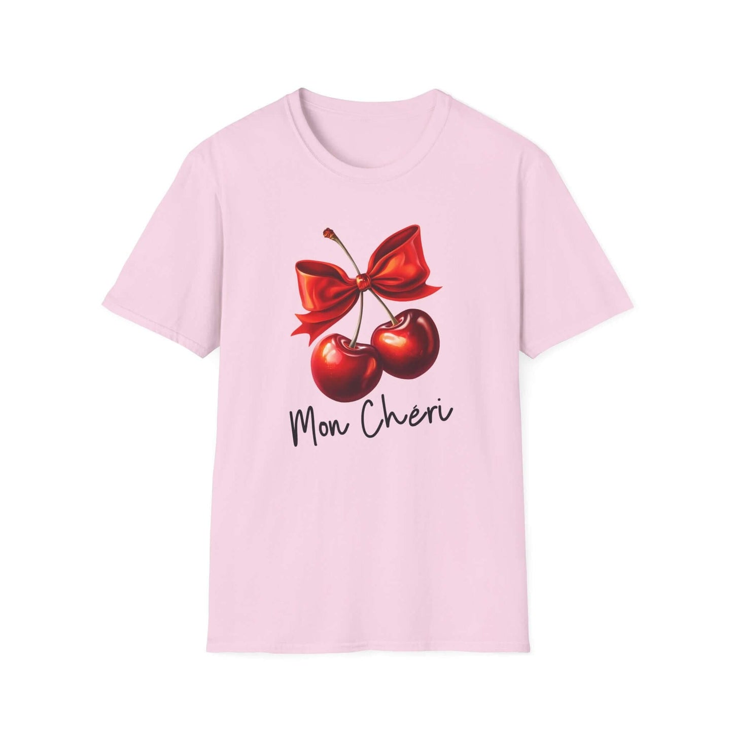 Light pink unisex t-shirt featuring a stylish ‘Mon Chéri’ design with two vibrant red cherries tied with a bow and elegant text.