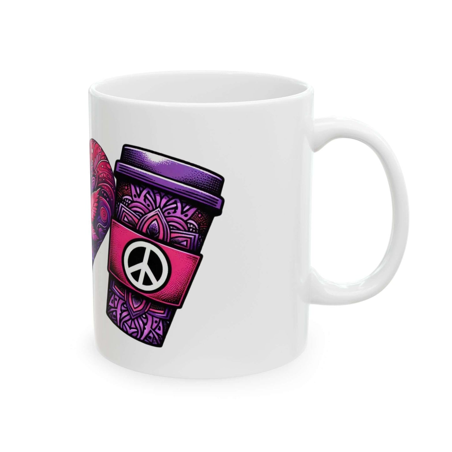 Peace, Love, and Coffee Ceramic Mug, (11oz, 15oz) | Boho-Inspired Ceramic Mug