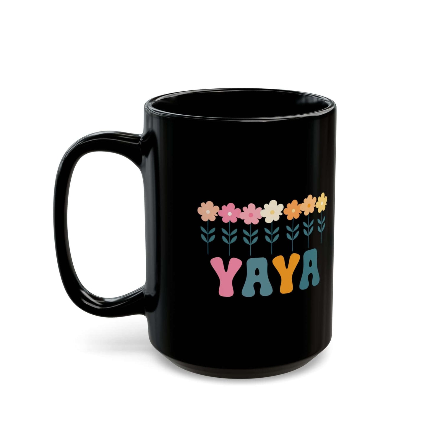 Floral Yaya Black Ceramic Mug (11oz, 15oz) | Retro Yaya Coffee Cup