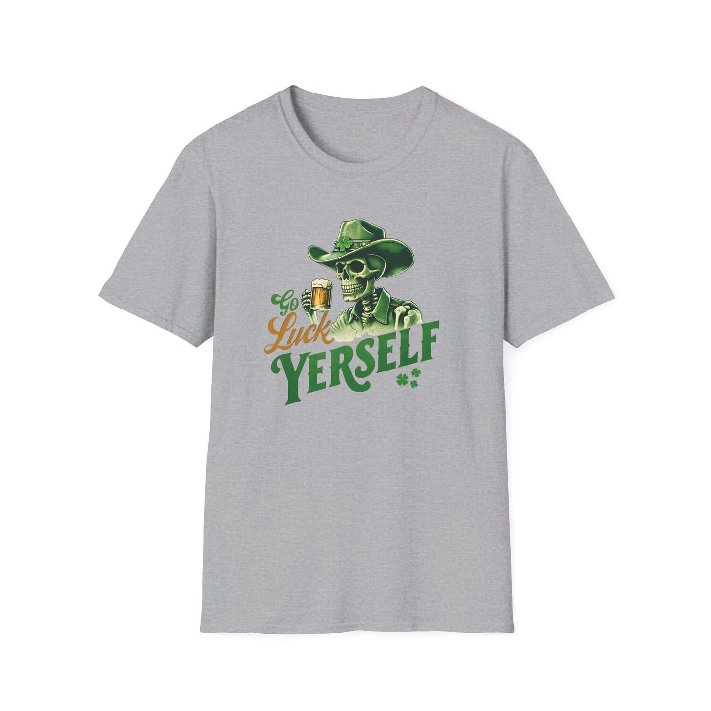 Go Luck Yerself Unisex Softstyle T-Shirt | St. Patrick’s Day Skeleton Cowboy Tee