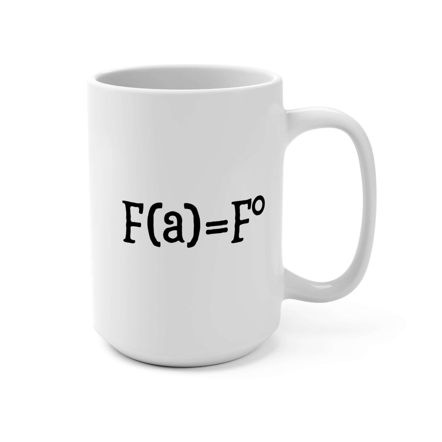 A white ceramic coffee mug featuring the “FAFO equation” design in black text. Side view.
