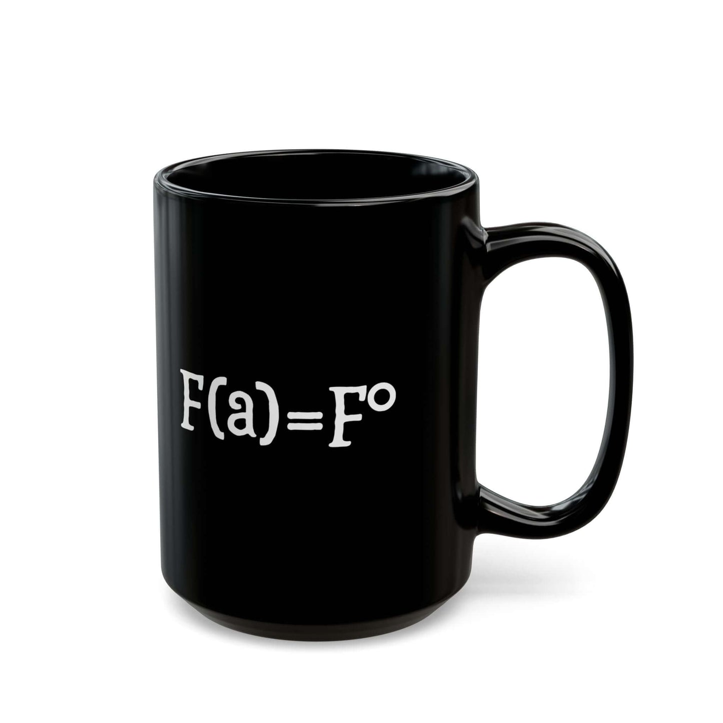 A black ceramic coffee mug featuring the witty “FAFO equation” design in white text. Side view