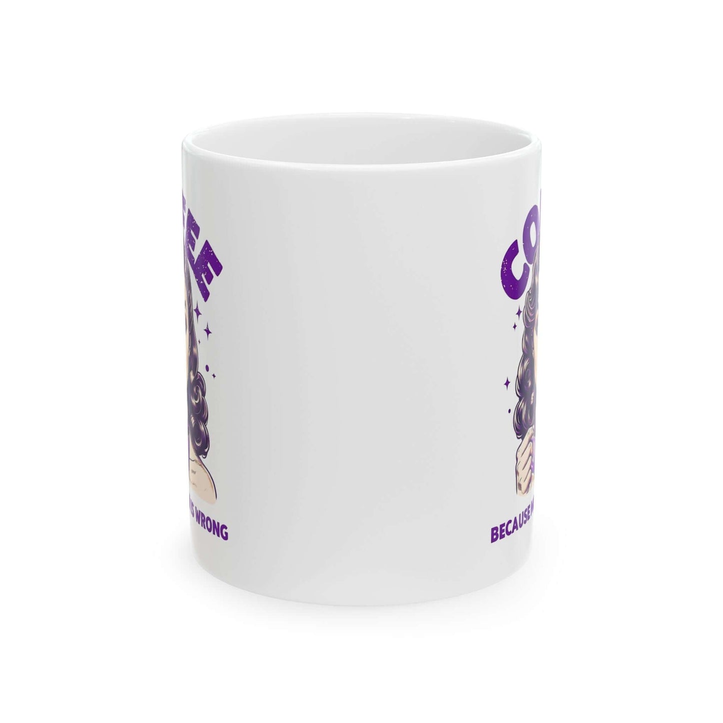 Front view of a white ceramic mug featuring a retro ‘Coffee - Because Murder Is Wrong’ design in purple with a vintage-style .
