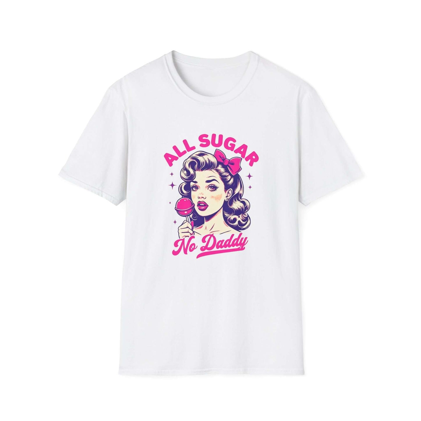 White unisex t-shirt featuring the bold ‘All Sugar, No Daddy’ retro-inspired design with vibrant colors.
