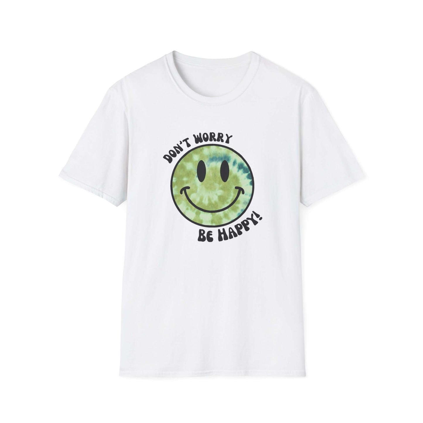Don’t Worry, Be Happy! Green Tie-Dye Smiley Face Unisex Softstyle T-Shirt