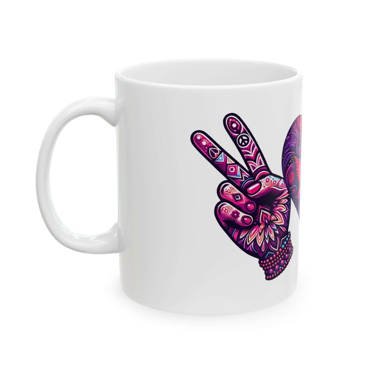 Peace, Love, and Coffee Ceramic Mug, (11oz, 15oz) | Boho-Inspired Ceramic Mug